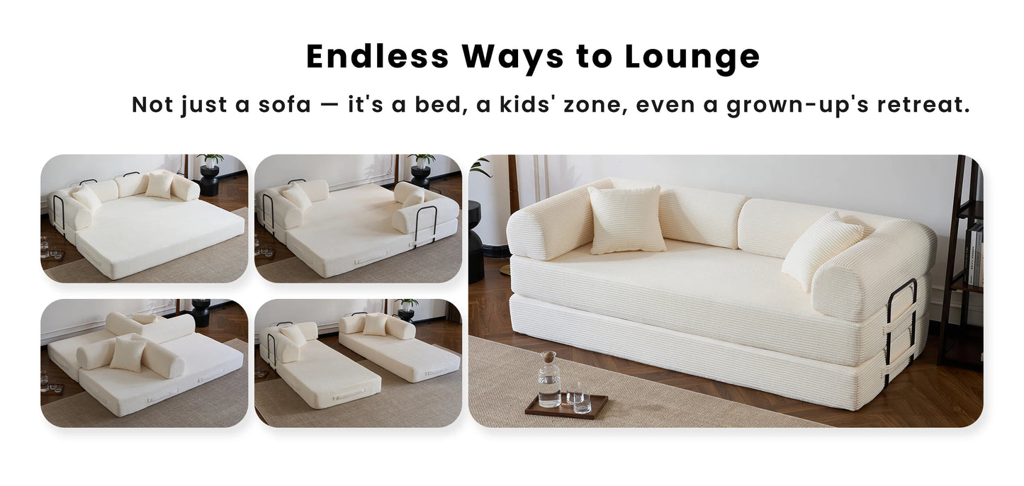 79’’ Folding Convertible Sofa Bed Corduroy Upholstered Boneless Couch, Loveseat Sleeper Floor Sofa for Living Room Bedroom