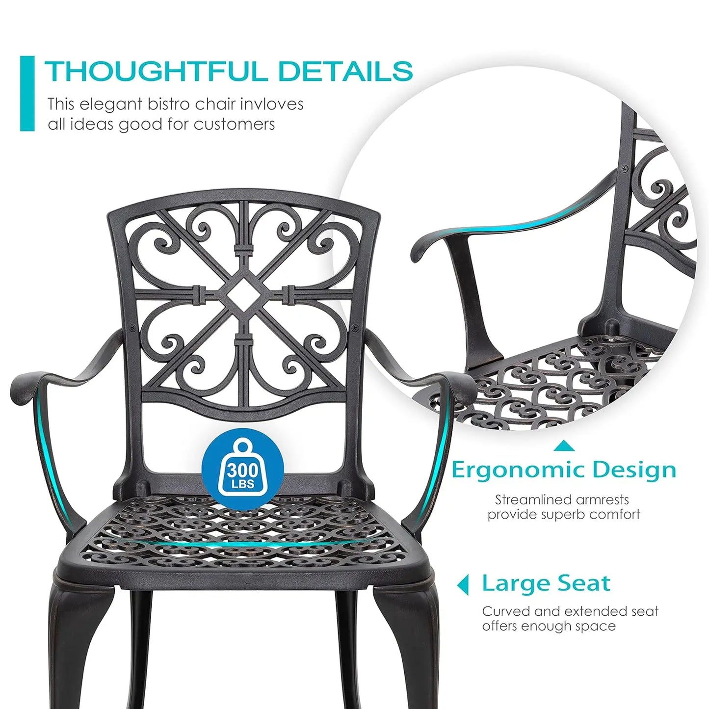 3 Piece Outdoor Bistro Set Cast Aluminum Patio Set Bistro Table Set Rustproof Patio Table and Chairs with Umbrella, Customized