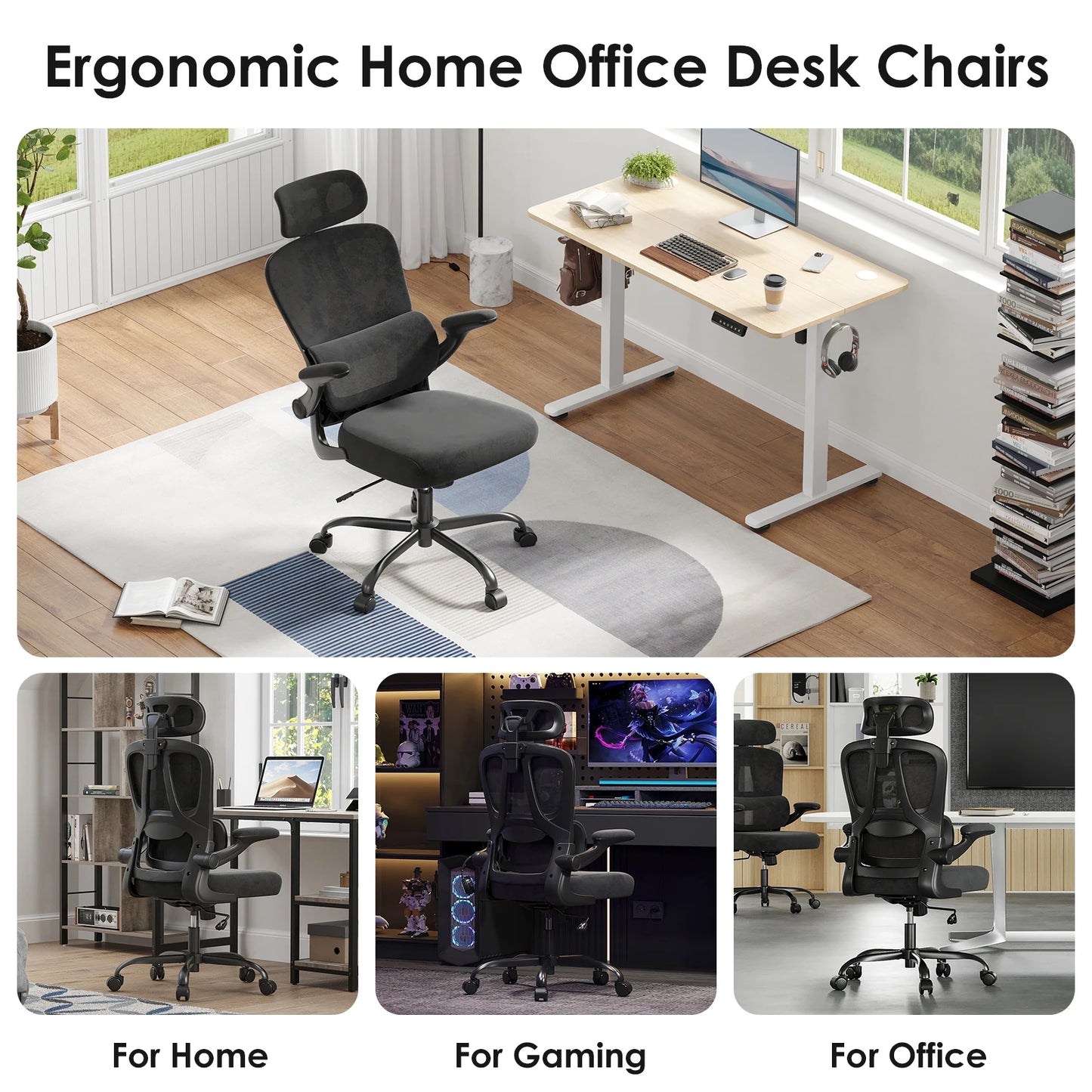 Ergonomic Office Chair, Desk Chair with Headrest and Lumbar Support, High Back Swivel Home Office Chair