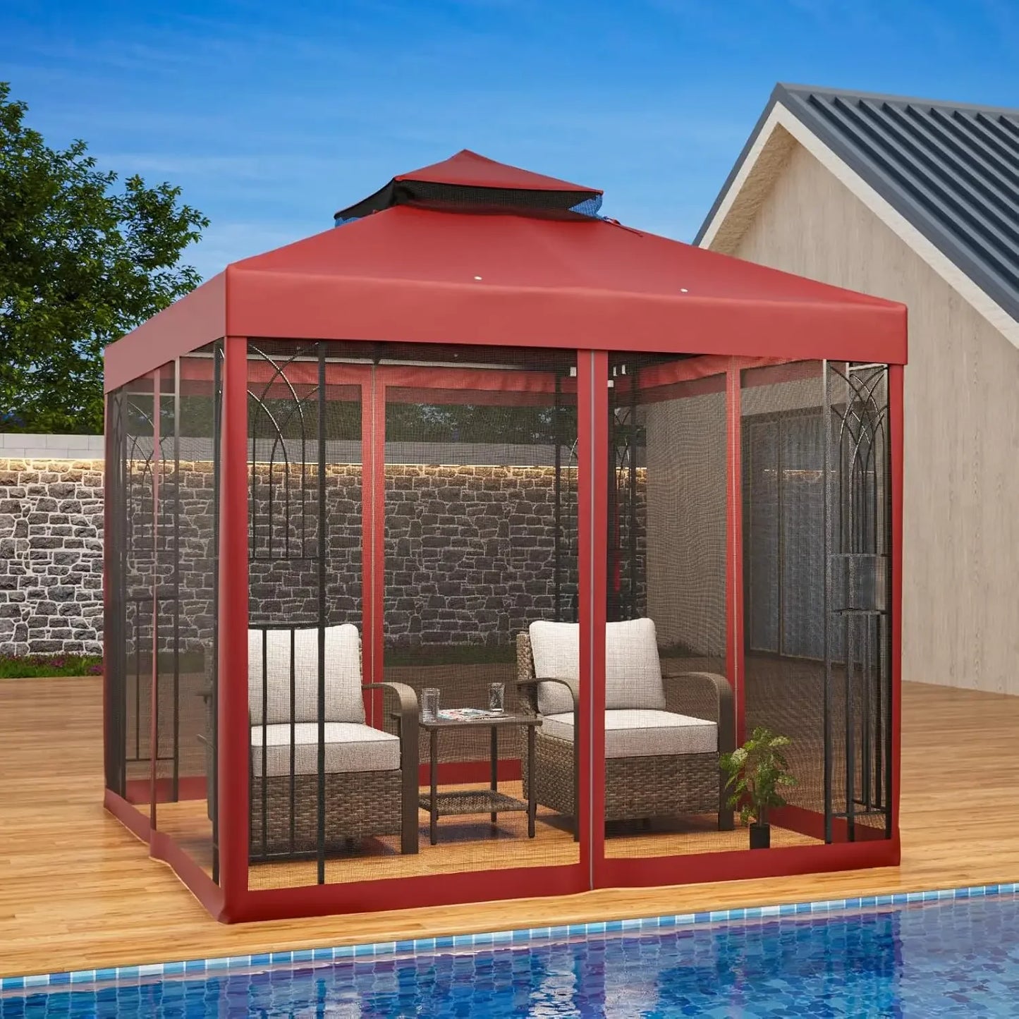 8x8 Patio Gazebo with Mesh Netting, Double Roof Outdoor Pavilion with Corner Shelves for Lawn, Deck, Garden and, Customized