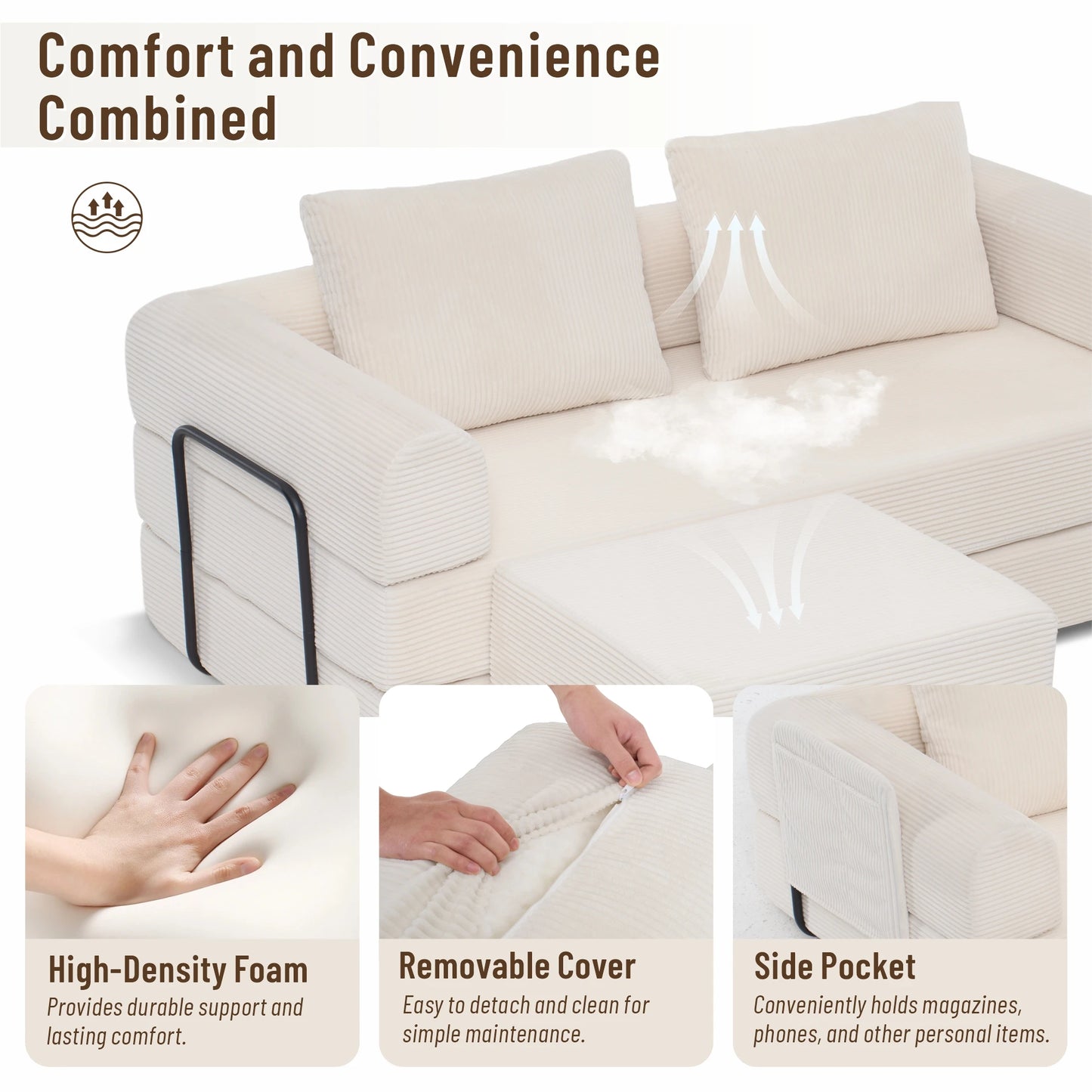 78" Modular Corduroy Sofa Bed with Ottoman, 5in1 Folding Floor Mattress Couch,Sleeper Sofa with Fixed-Shape Frame,Futon Sofa Bed