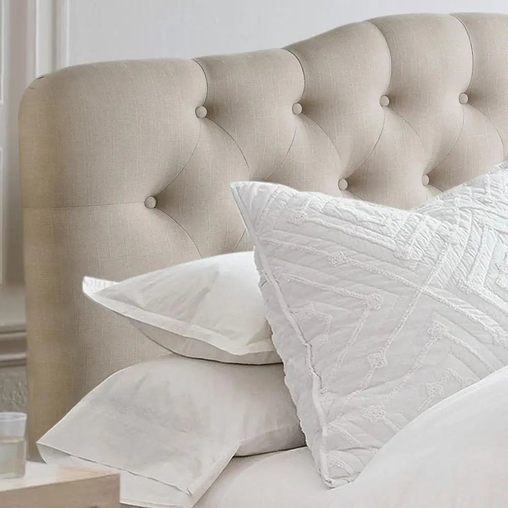 King-Size Classic Beige Linen Upholstered Adjustable Height Bed with Button Tufted Headboard