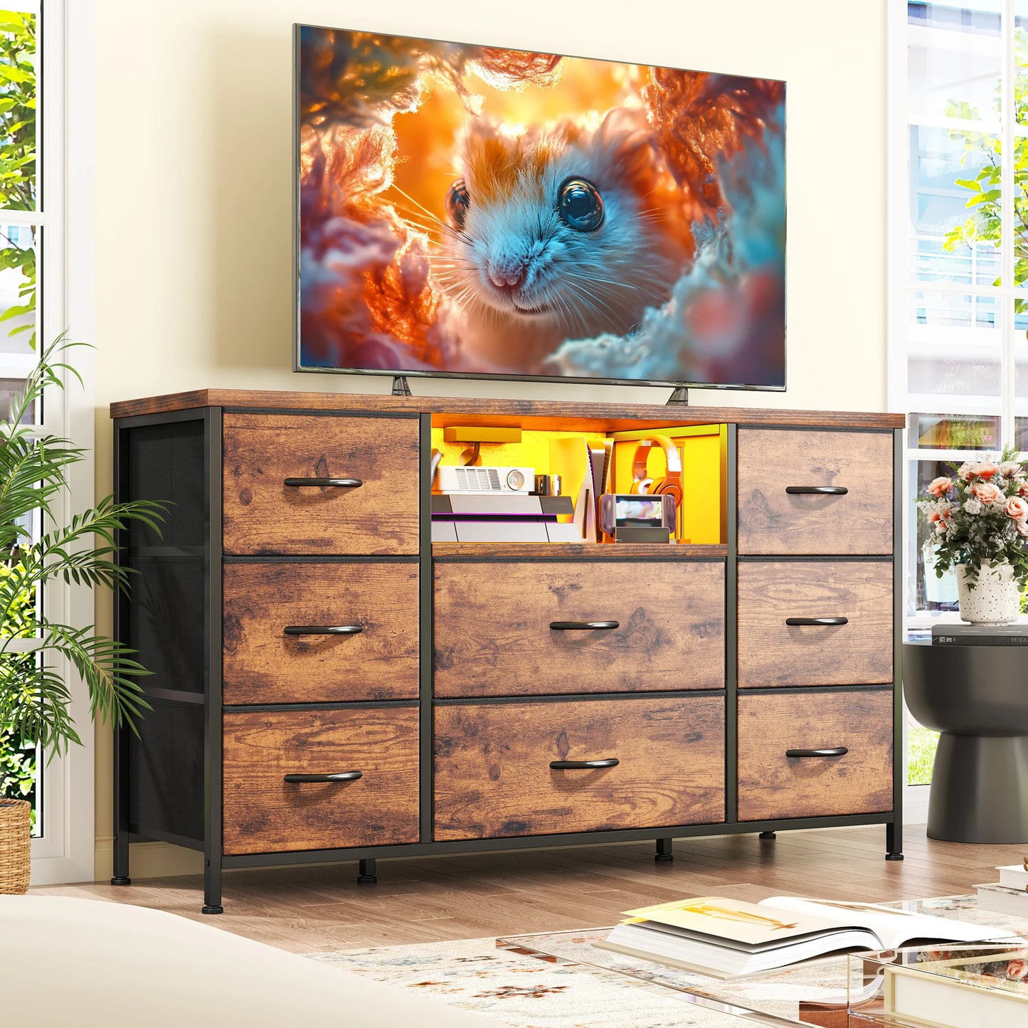 8-Drawer Media Dresser with LED Lighting & Built-in Charging Station - Fabric Storage Cabinet for 55" TVs, Ideal for Bedroom