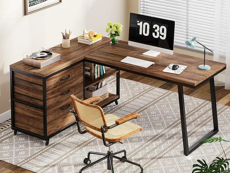 L-Shaped Computer Desk with 3 Drawers,Home Office Desk with Shelves, 53-Inch Industrial PC Desk for Small Space, Rustic Brown