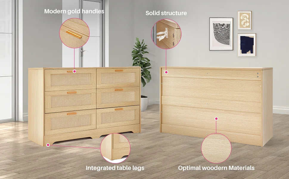 REDLIFE 47.24" Rattan Dresser with 6 Drawers ,Modern Chest Wood Storage Closet w/ Golden Handles for Bedroom Living Room Hallway