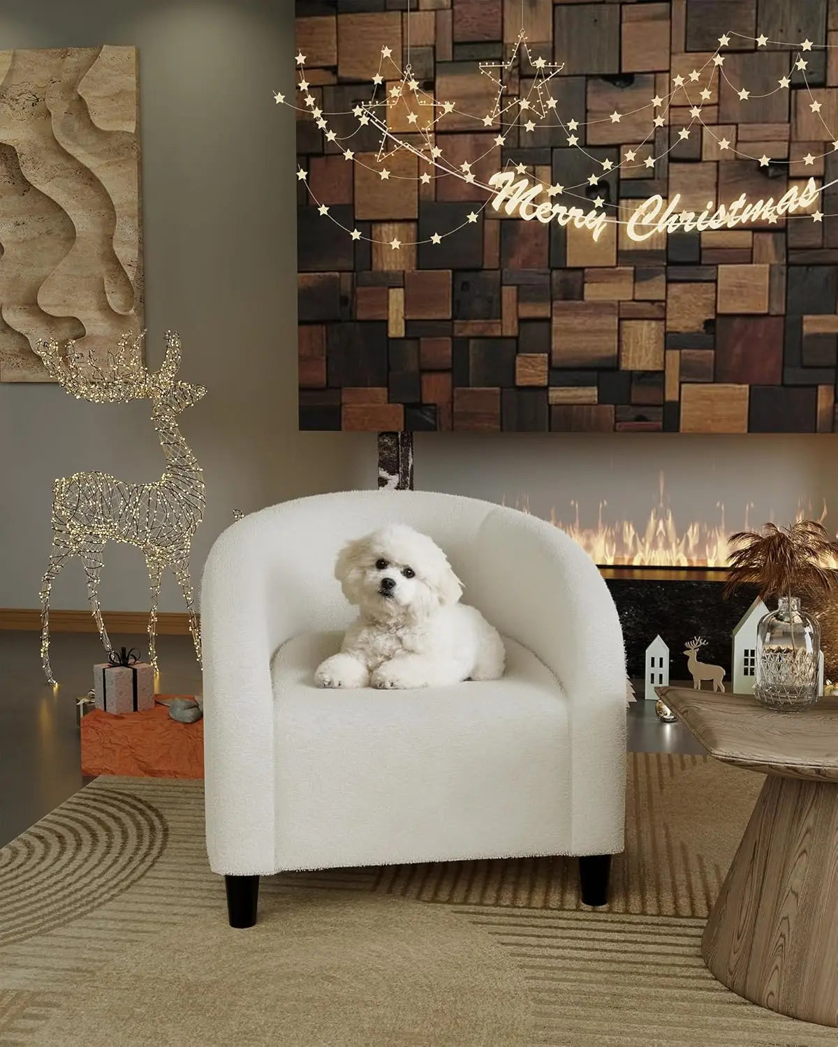 Beige Boucle Barrel Accent Chair for Living Room, Bedroom, Office & Reception
