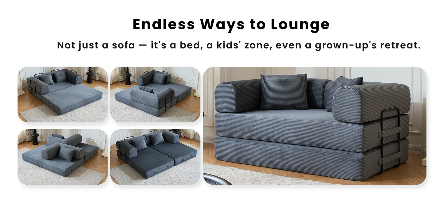 59’’ Convertible Sofa Bed Corduroy Upholstered Boneless Couch, Loveseat Fold Out Small Floor Sleeper for Living Room