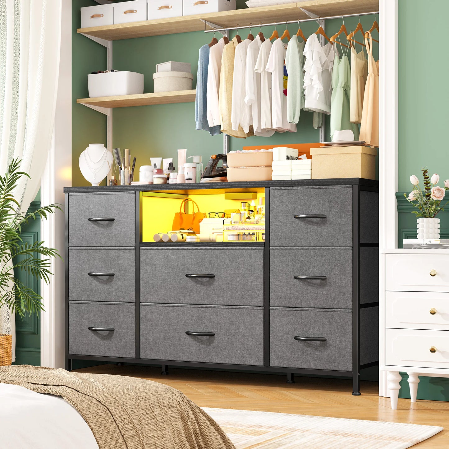 8-Drawer Media Dresser with LED Lighting & Built-in Charging Station - Fabric Storage Cabinet for 55" TVs, Ideal for Bedroom