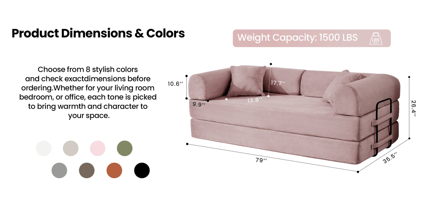79’’ Folding Convertible Sofa Bed Corduroy Upholstered Boneless Couch, Loveseat Sleeper Floor Sofa for Living Room Bedroom