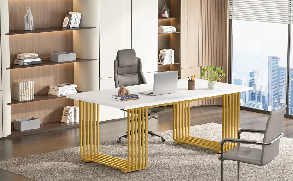 Tribesigns Modern Office Desk, 70.9" Wooden Computer Desk,Executive Desk with Gold Metal Legs, Large Workstation Home Office
