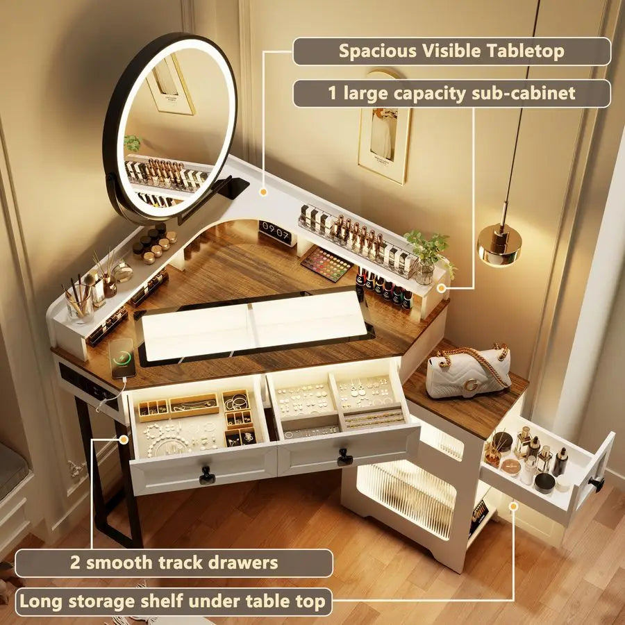 Corner Vanity with Mirror and Lights,Modern Makeup Vanity Set with Charging Station for Bedroom Cloakroom,Glass Top Vanity Table
