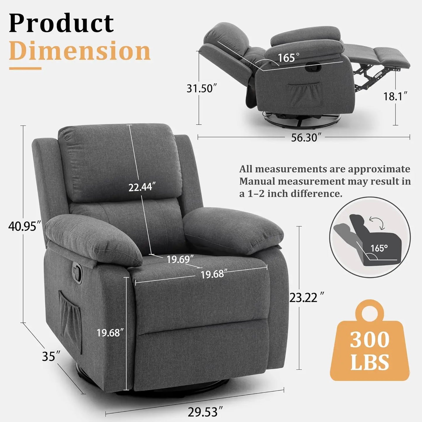 360 Swivel Rocker Recliner Chair for Adults, Small Space Fabric Glider with Tool-Free Assembly