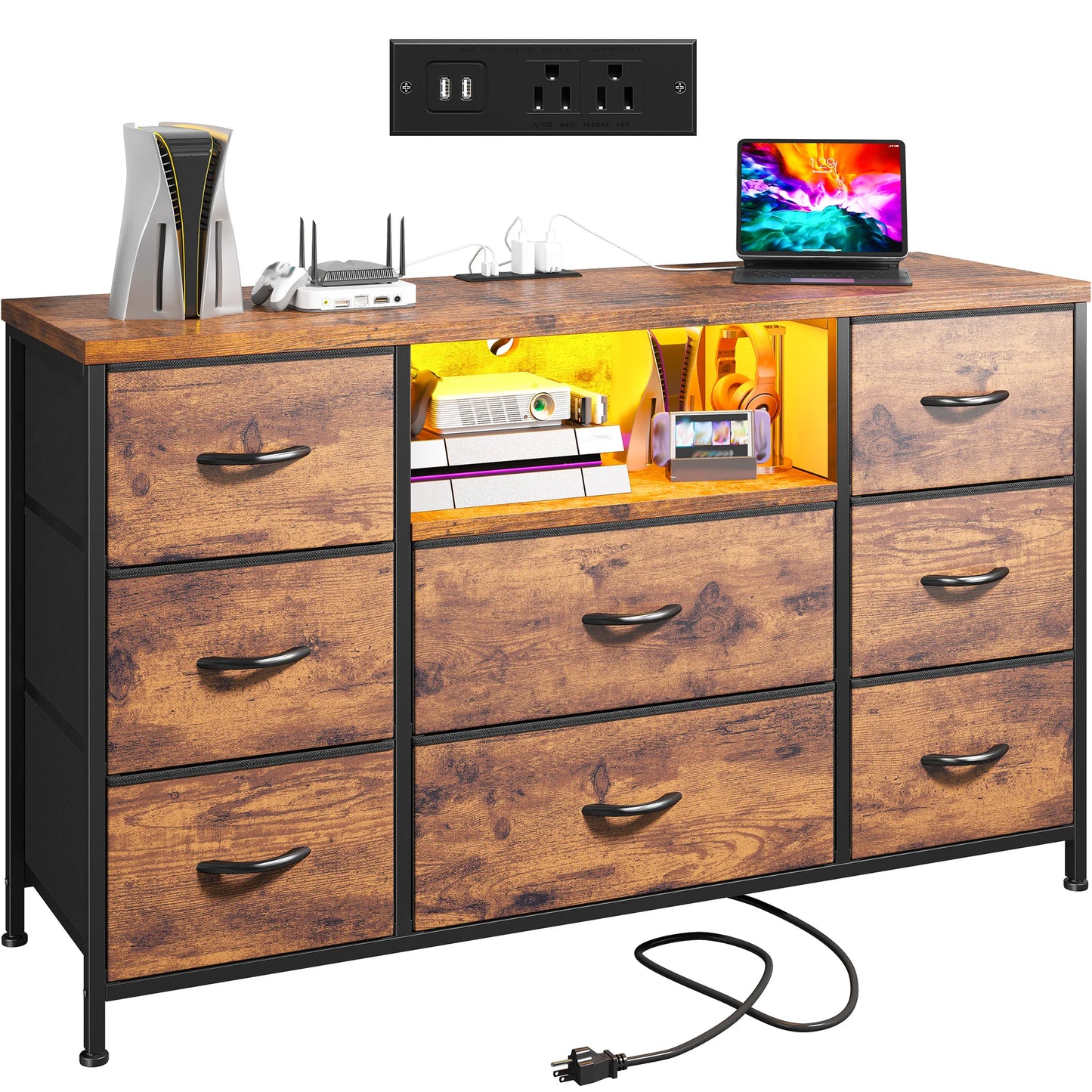 8-Drawer Media Dresser with LED Lighting & Built-in Charging Station - Fabric Storage Cabinet for 55" TVs, Ideal for Bedroom