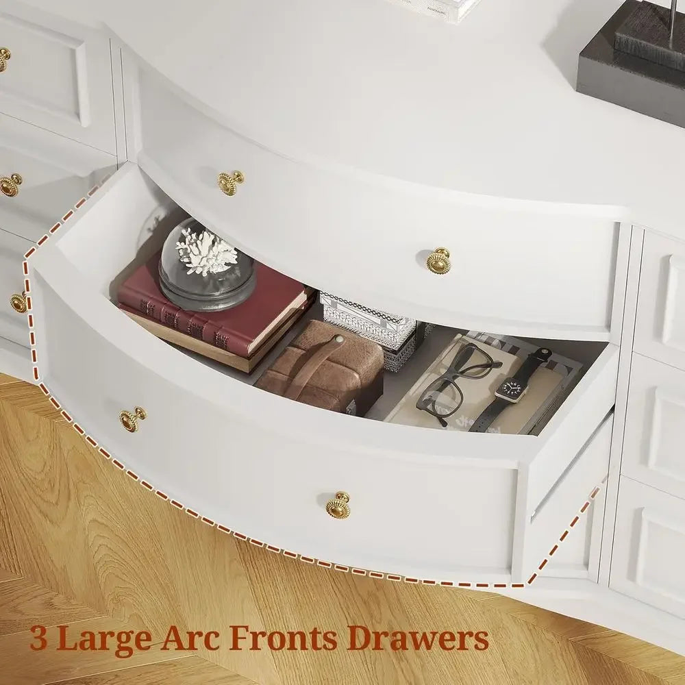 9-Drawer Wide Dresser with 3 Arc Fronts, Roman Columns, White, 55 Long for Bedroom Storage