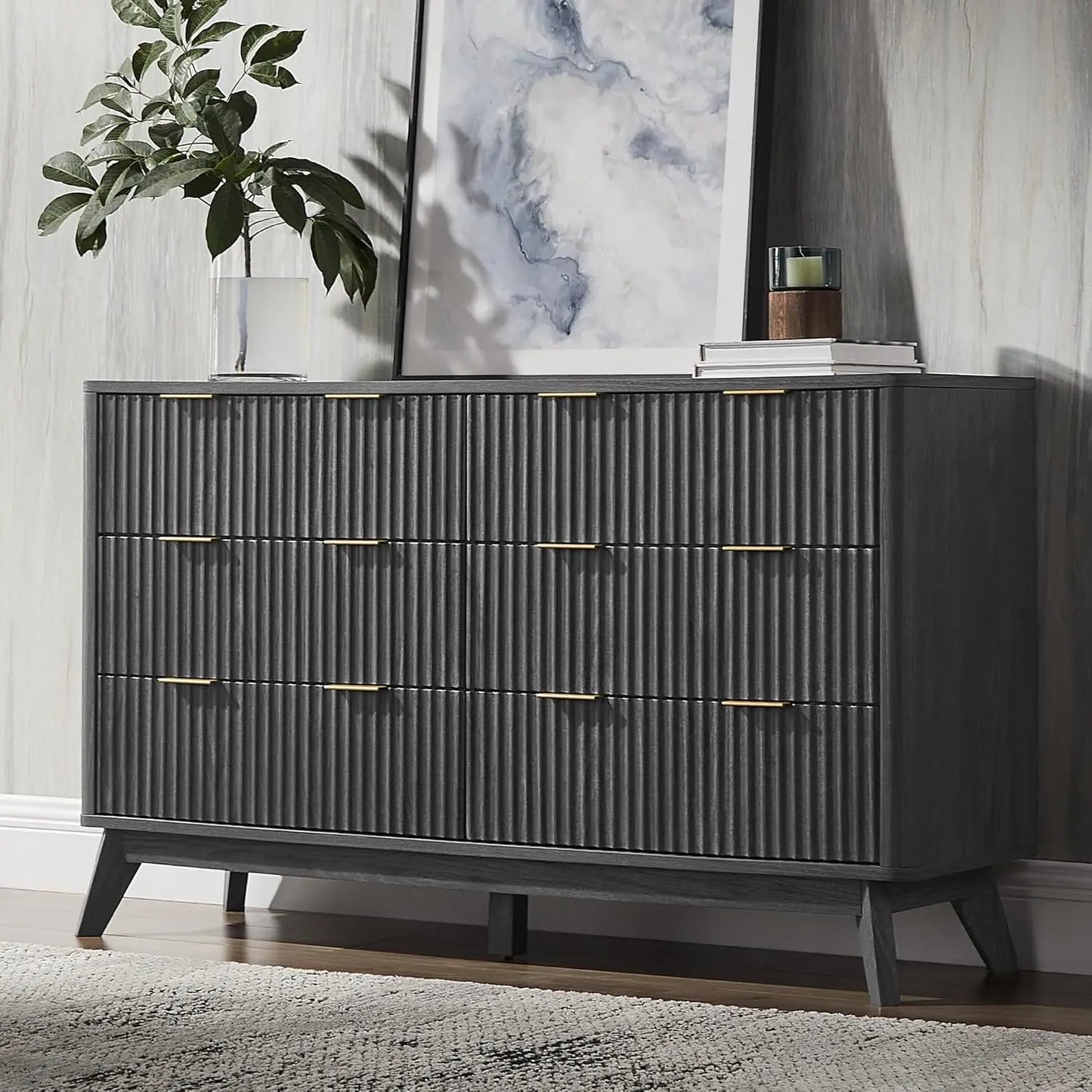Fluted 6 Drawers Dresser, 54" Wide Modern Chest of Drawers with Faux Marble Top, Curved Profile Design, Dresser TV, Customized