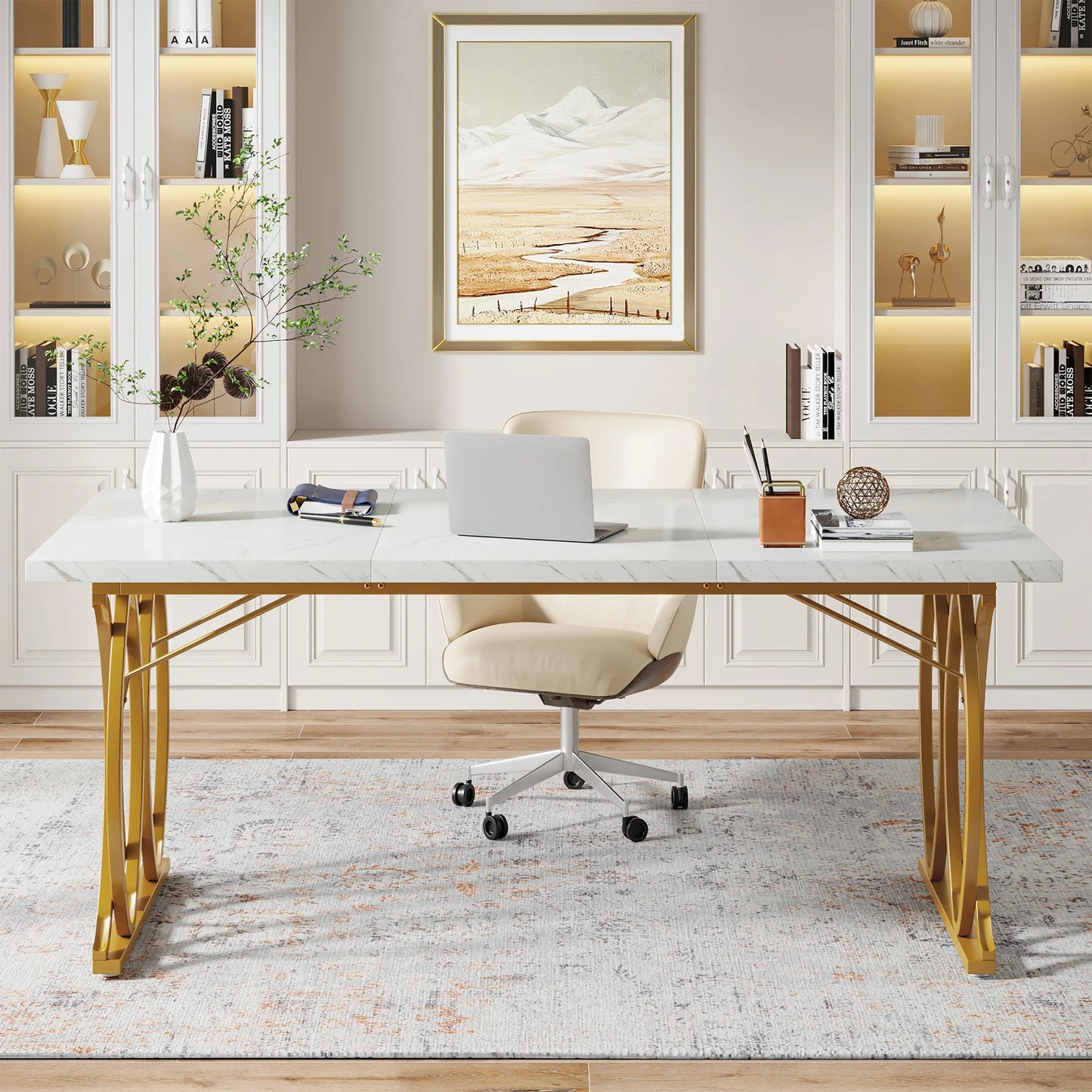 Tribesigns Modern Office Desk, 70.9" Wooden Computer Desk,Executive Desk with Gold Metal Legs, Large Workstation Home Office