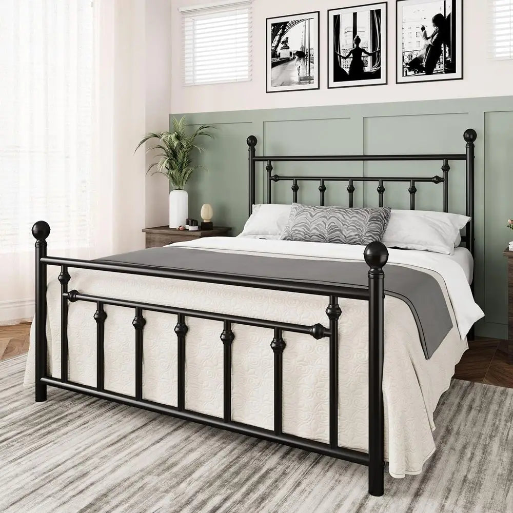 14 Inch Queen Metal Bed Frame with Vintage Headboard, Footboard, Underbed Storage, No Box Spring Needed, Easy Assembly, Black