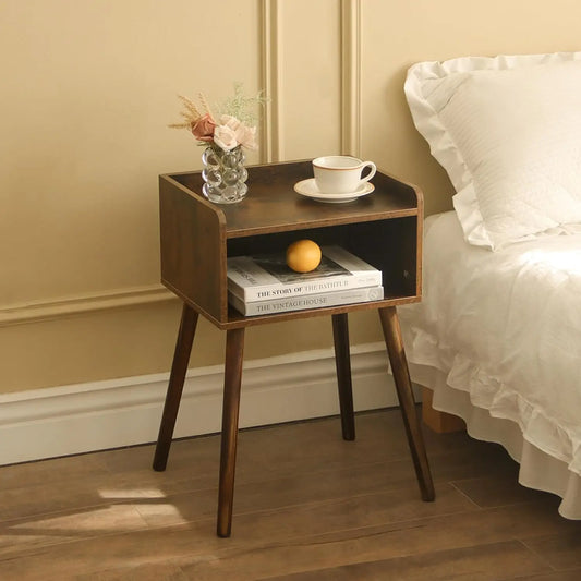Mid Century Modern Side Table Bedroom with Storage, Small End Bedside Table with Solid Wood Legs for Living Room, Office Small S