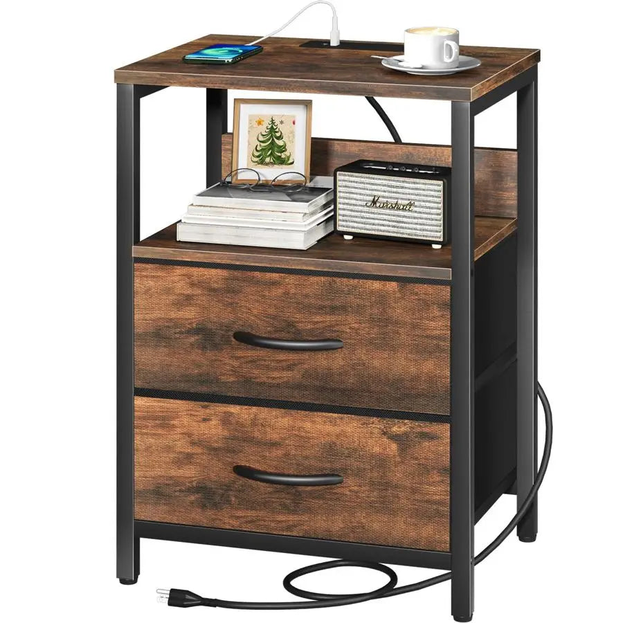 Nightstand with Charging Station, Small Night Stand with Fabric Drawers and Storage Shelf for Bedrooms, Small Spaces, Bedside T