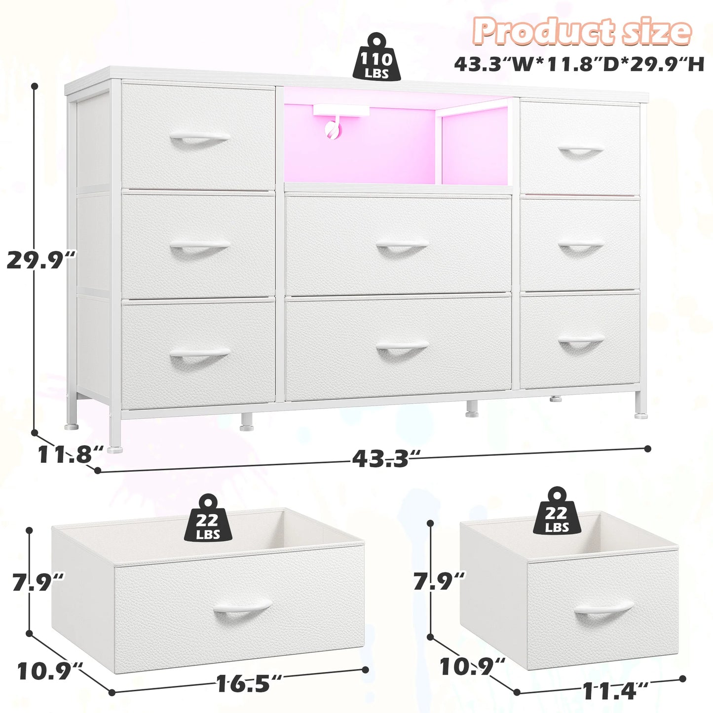 8-Drawer Media Dresser with LED Lighting & Built-in Charging Station - Fabric Storage Cabinet for 55" TVs, Ideal for Bedroom