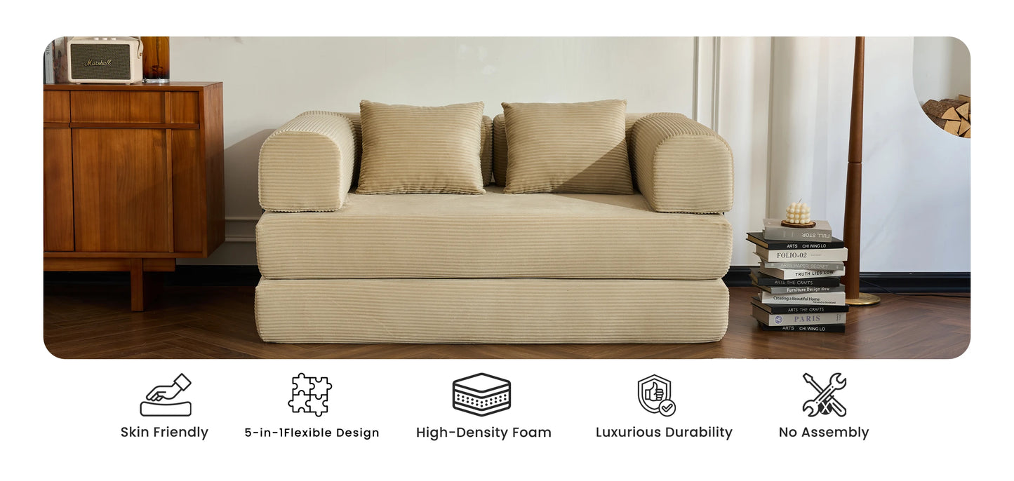 59’’ Convertible Sofa Bed Corduroy Upholstered Boneless Couch, Loveseat Fold Out Small Floor Sleeper for Living Room