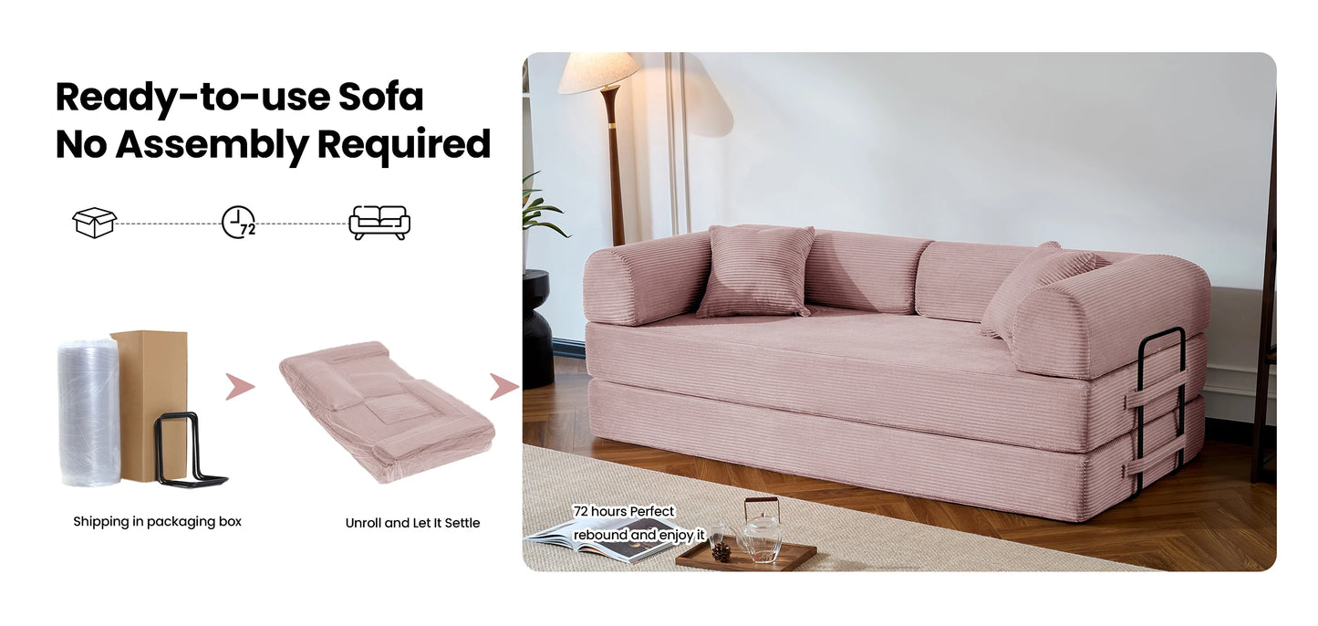 79’’ Folding Convertible Sofa Bed Corduroy Upholstered Boneless Couch, Loveseat Sleeper Floor Sofa for Living Room Bedroom