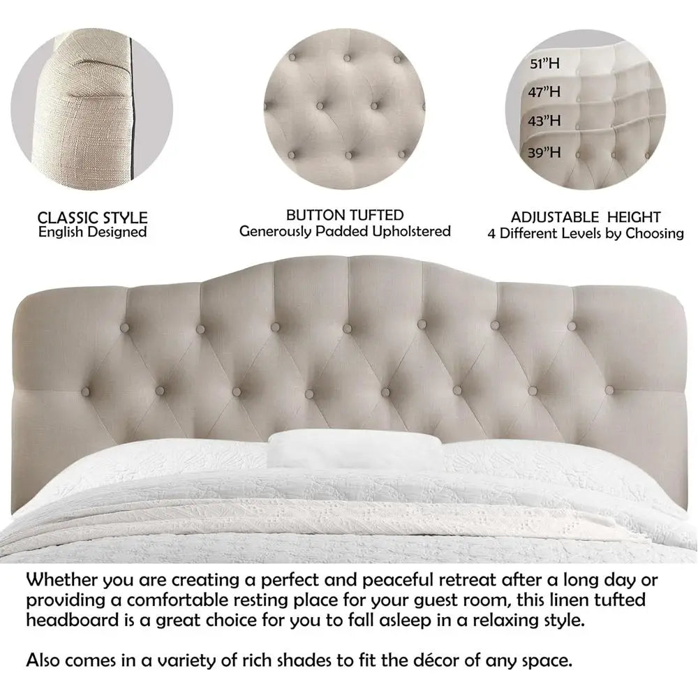 King-Size Classic Beige Linen Upholstered Adjustable Height Bed with Button Tufted Headboard