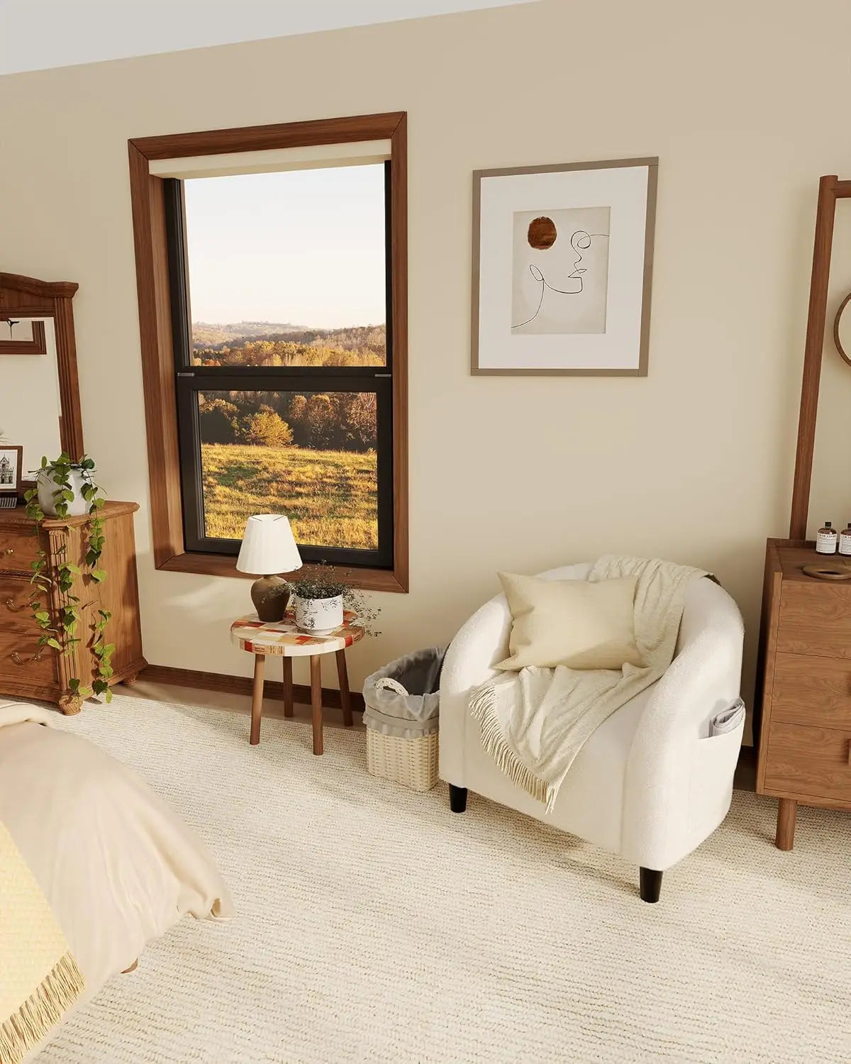 Beige Boucle Barrel Accent Chair for Living Room, Bedroom, Office & Reception