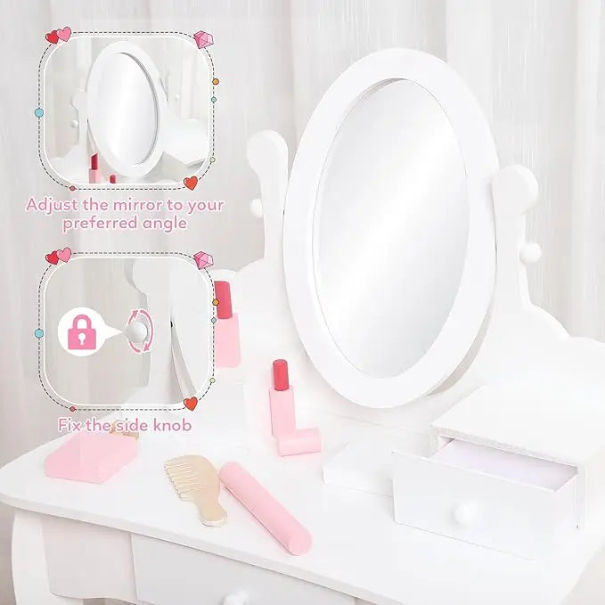 Kids' Vanity Set with Mirror, Makeup Table and Stool for Girls, Vanity Desk and Chair with Wood Makeup Playset for 4-9 Girls