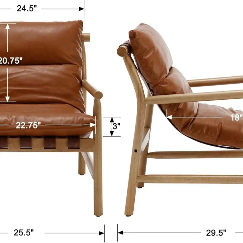 Mid-Century Modern Faux Leather Armchair, Comfortable Wood Frame Lounge Chair for Living Room, Cozy Recliner in Brown
