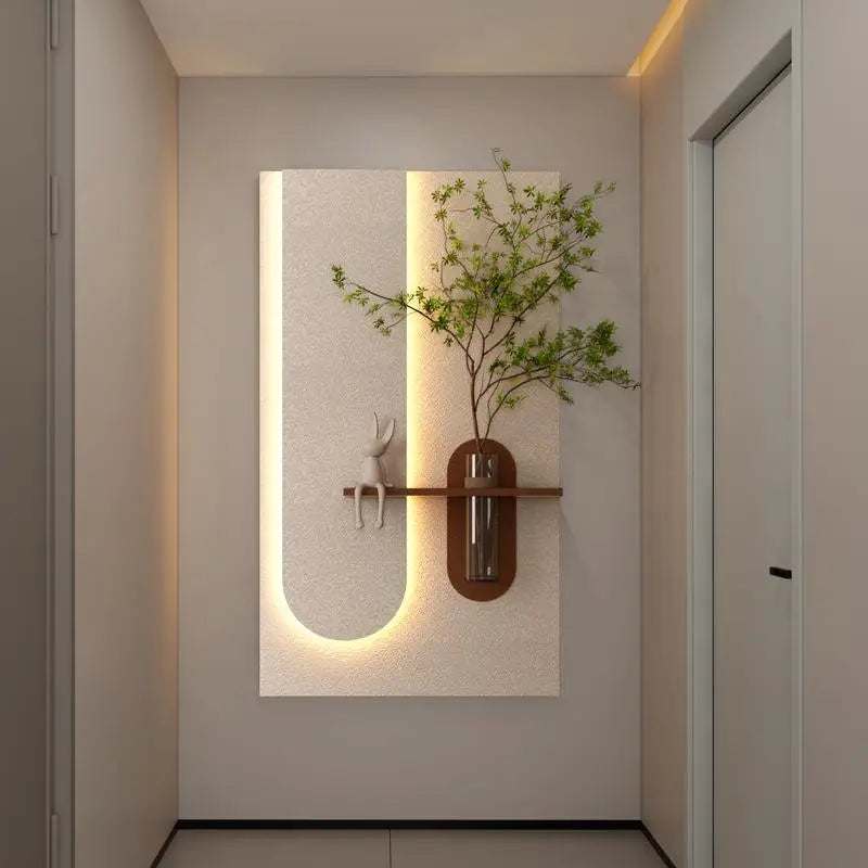 Adjustable 3-Color LED Sandstone Wall Decor with Simulated Green Plants, 3D Art Sculpture, Glass Vase & Rabbit Statue, Remote