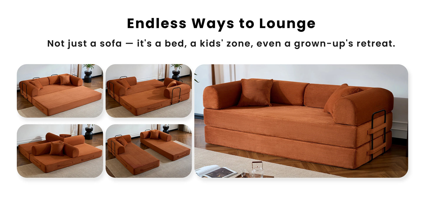 79’’ Folding Convertible Sofa Bed Corduroy Upholstered Boneless Couch, Loveseat Sleeper Floor Sofa for Living Room Bedroom