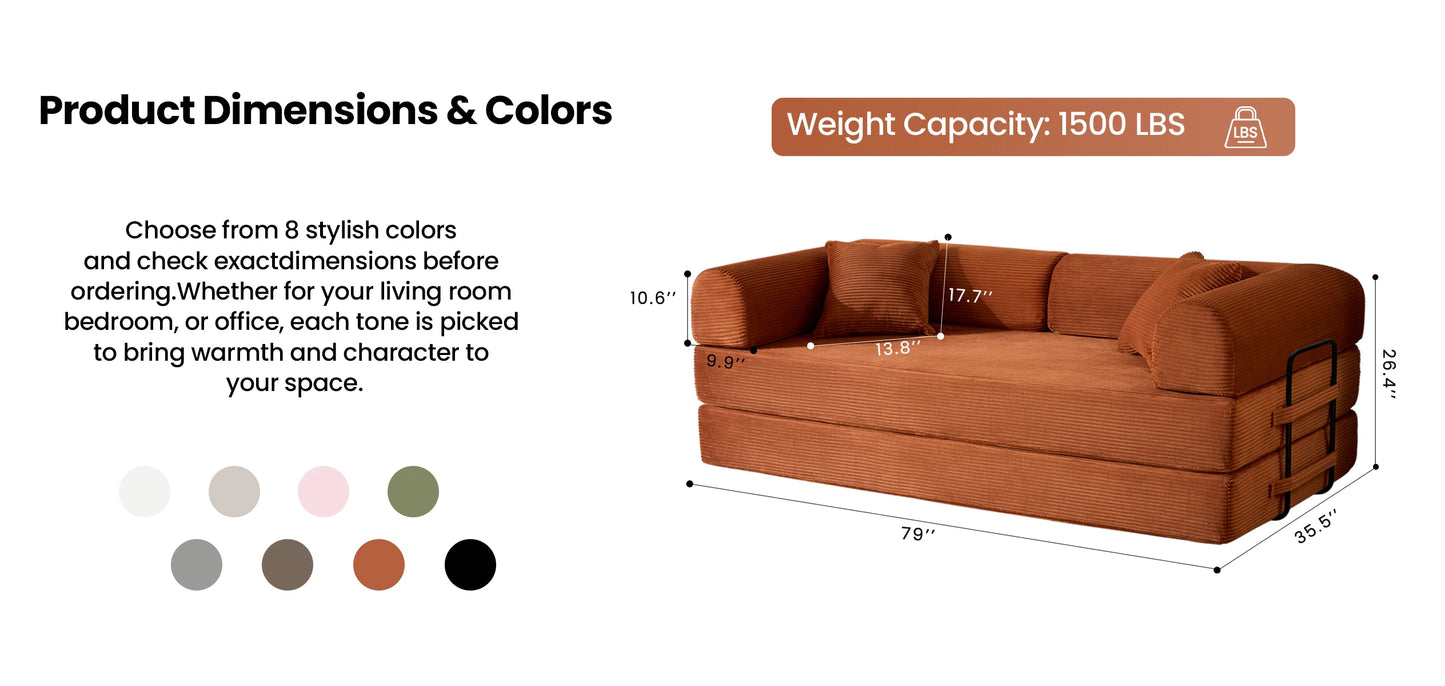 79’’ Folding Convertible Sofa Bed Corduroy Upholstered Boneless Couch, Loveseat Sleeper Floor Sofa for Living Room Bedroom