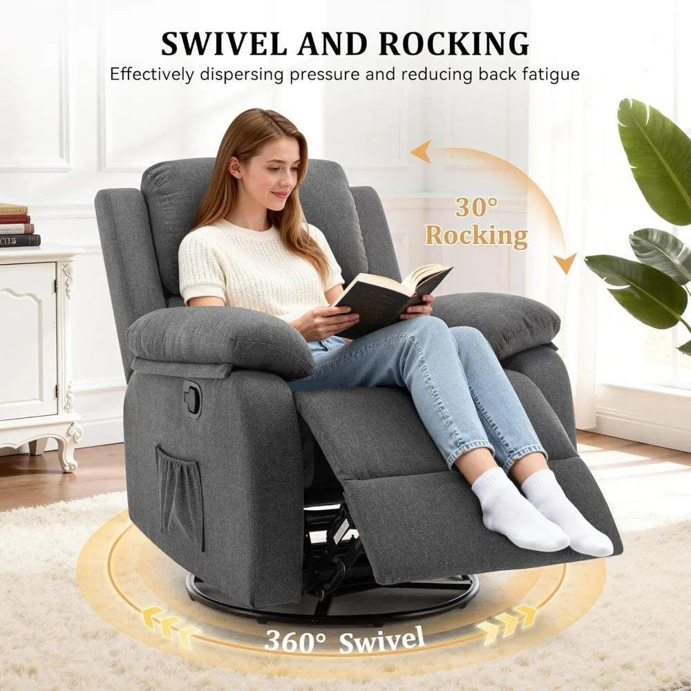 360 Swivel Rocker Recliner Chair for Adults, Small Space Fabric Glider with Tool-Free Assembly