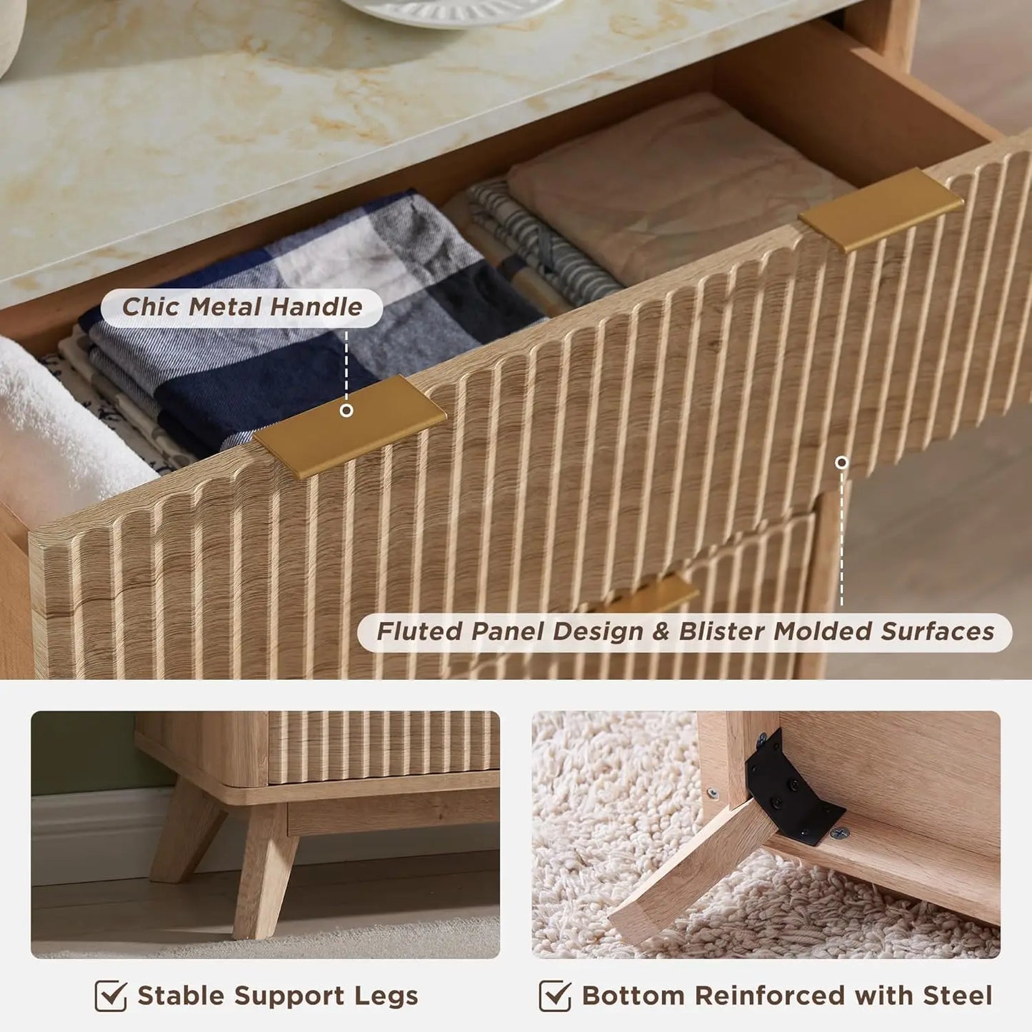 Fluted 6 Drawers Dresser, 54" Wide Modern Chest of Drawers with Faux Marble Top, Curved Profile Design, Dresser TV, Customized