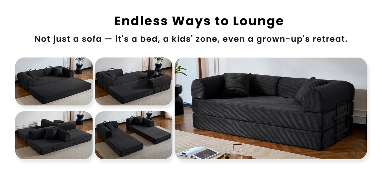 79’’ Folding Convertible Sofa Bed Corduroy Upholstered Boneless Couch, Loveseat Sleeper Floor Sofa for Living Room Bedroom