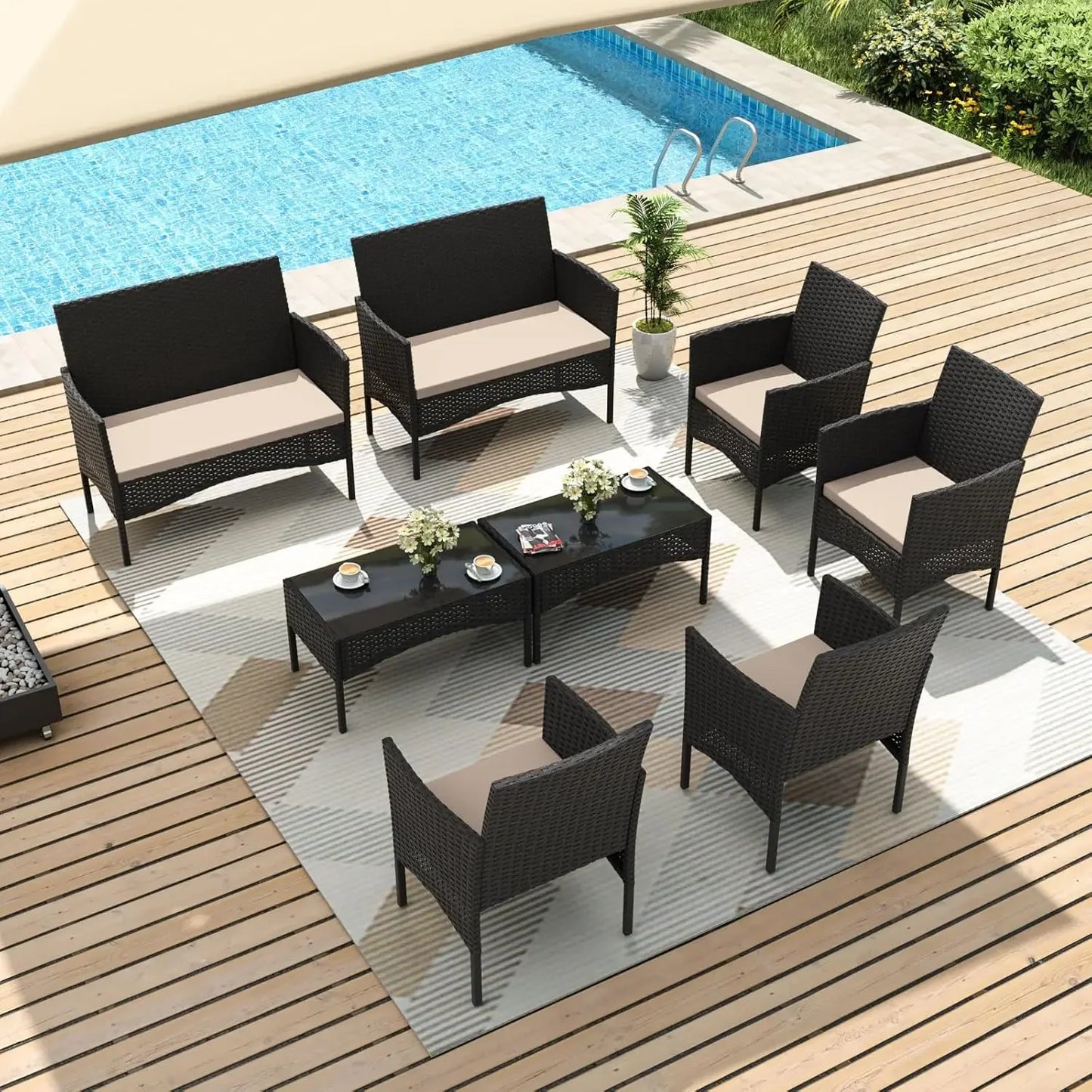 Premium 4-piece patio furniture set, wicker conversation set with 2 rattan chairs 1 loveseat 1 coffee table removable seat cushi