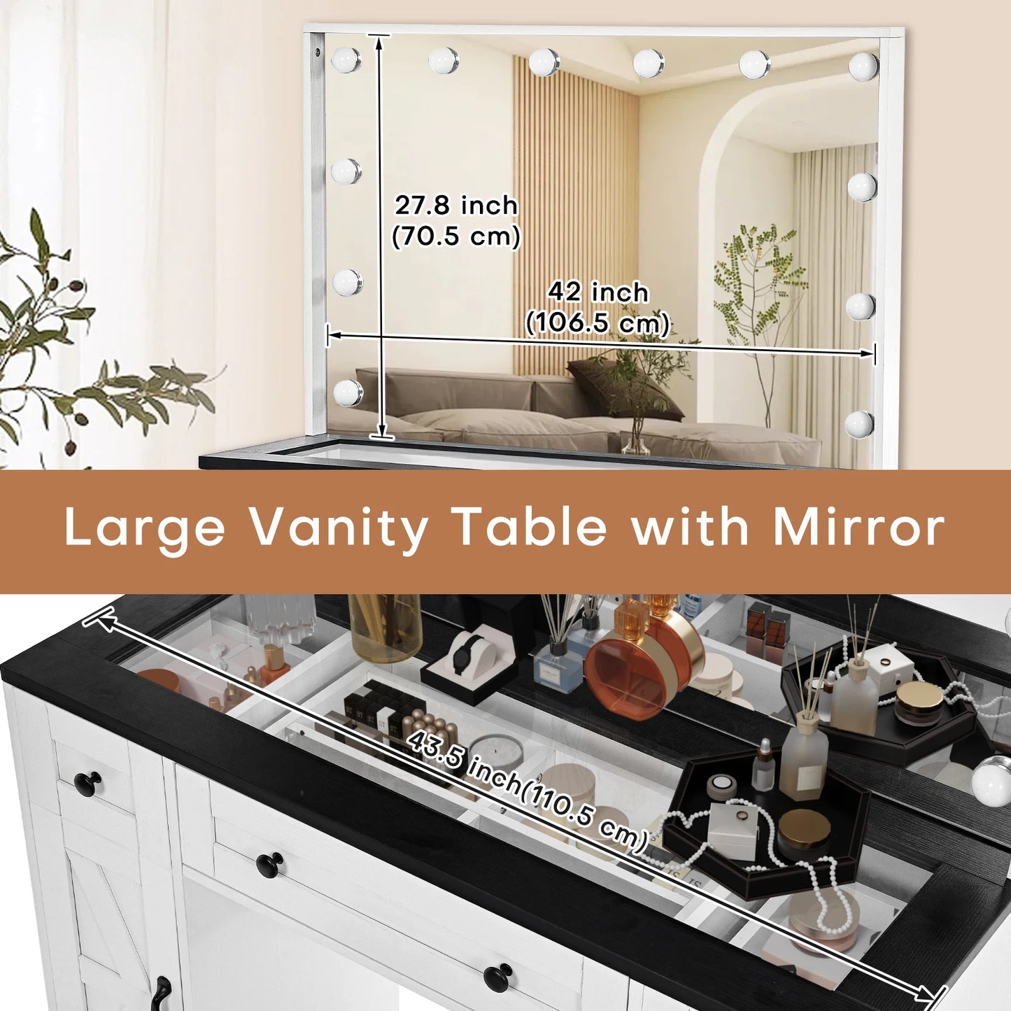 Farmhouse Vanity Desk w/ Lighted Mirror Hollywood Makeup Desk w/ 3 Drawers & 2 Cabinets 43" Dressing Vanity Table Stool Included