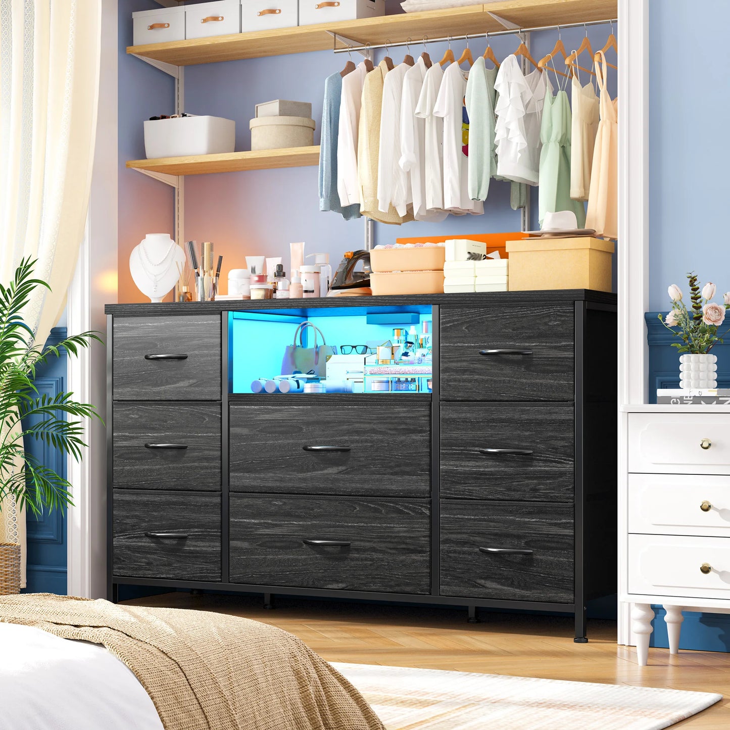8-Drawer Media Dresser with LED Lighting & Built-in Charging Station - Fabric Storage Cabinet for 55" TVs, Ideal for Bedroom