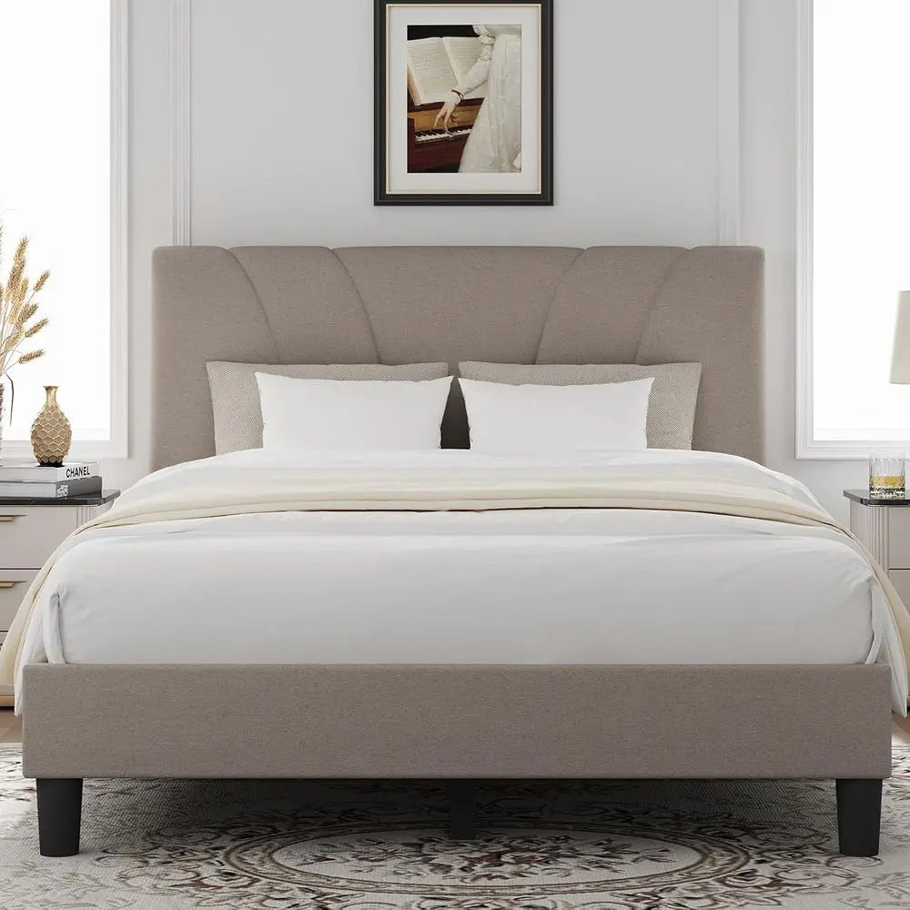 Queen Size Linen Upholstered Bed Frame with Wood Slats, Adjustable Headboard, No Box Spring Needed, Heavy Duty, Easy Assembly, B