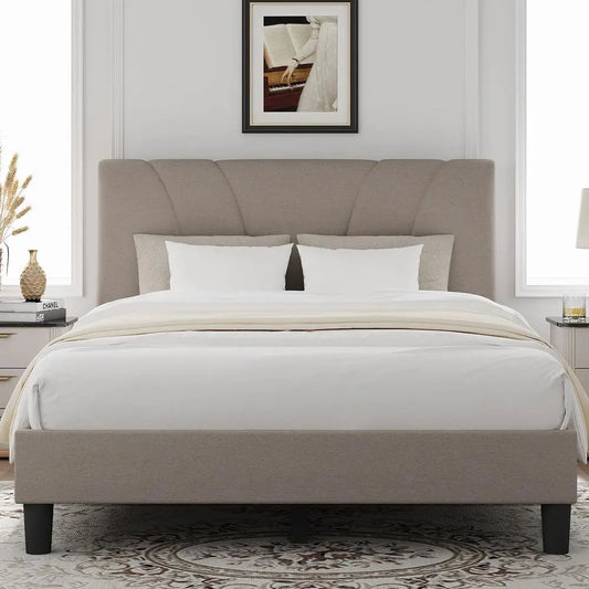 Queen Size Linen Upholstered Bed Frame with Wood Slats, Adjustable Headboard, No Box Spring Needed, Heavy Duty, Easy Assembly, B