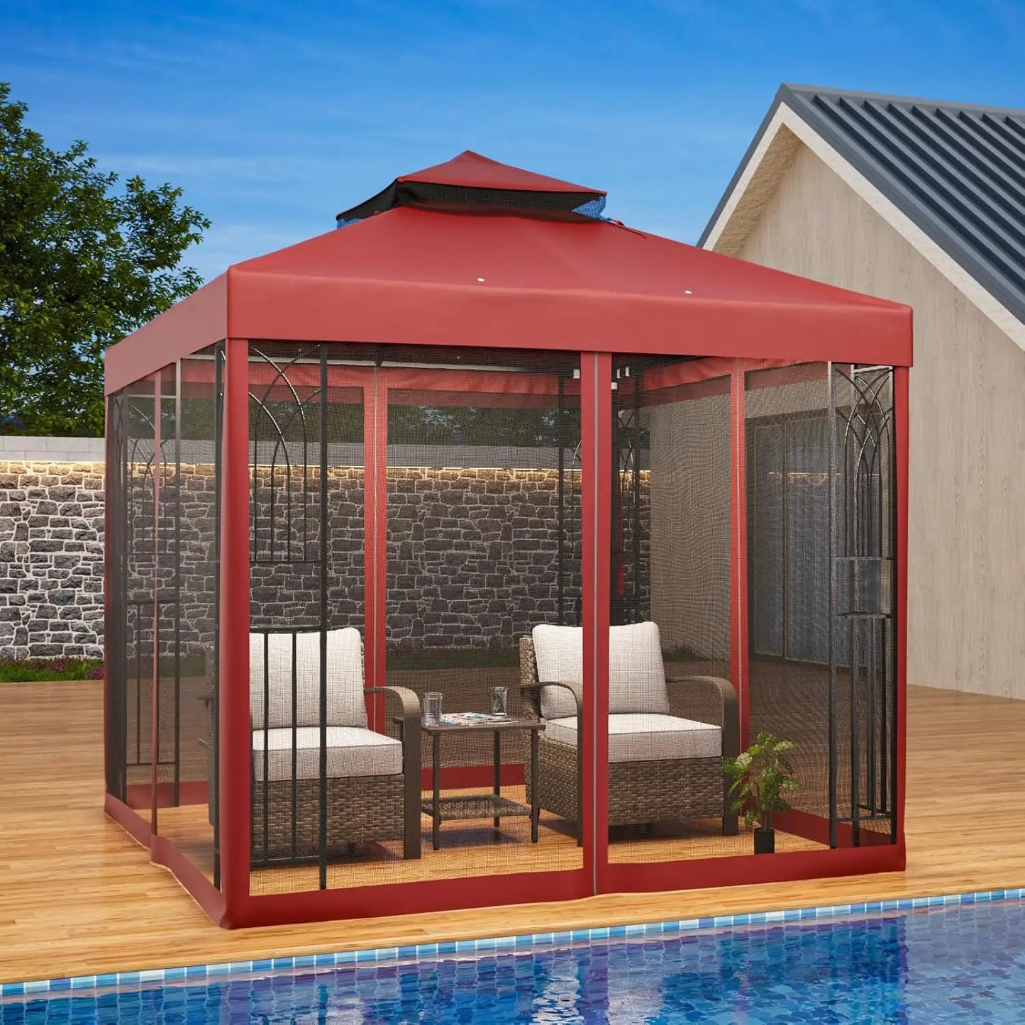 8x8 Patio Gazebo with Mesh Netting, Double Roof Outdoor Pavilion with Corner Shelves for Lawn, Deck, Garden and, Customized