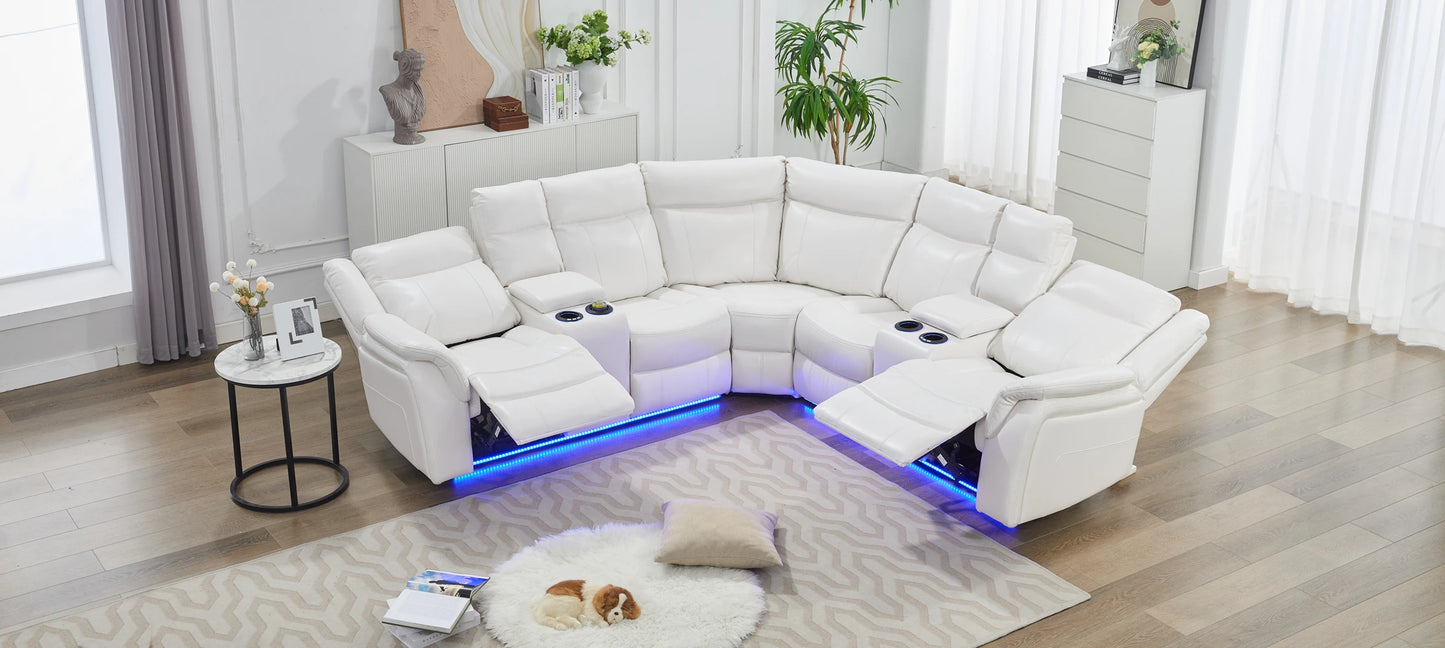Power Recliner Sectional Sofa with LED Lights, USB, Cup Holders Storage Console Faux Leather Wall Hugger Living Room Couch