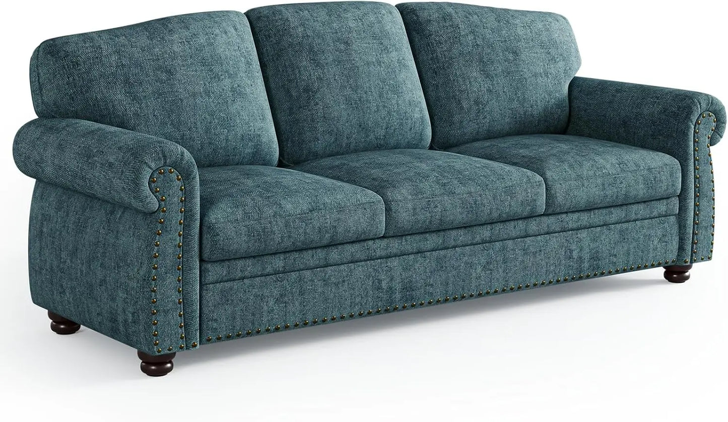 Nailhead Trim Couch for Living Room,Rolled Arm Sofa,Comfy Upholstered Chenille Couch w/Wooden Leg,Traditional Sofa,Customized