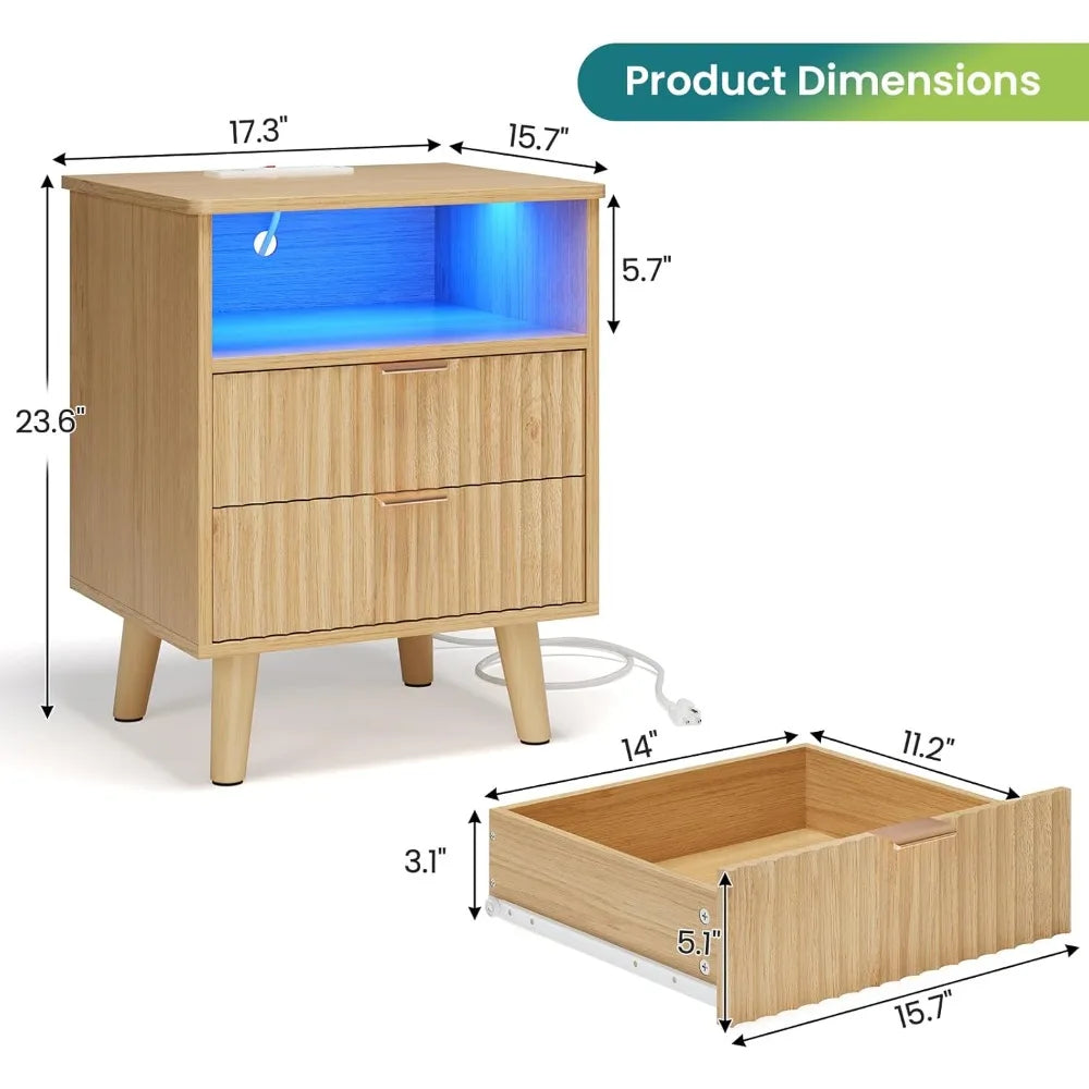 Fluted Nightstand Set of 2 with Charging Station,LED Nightstand with 2 Drawers and Open Storage Cubby, Modern Bedside，Customized