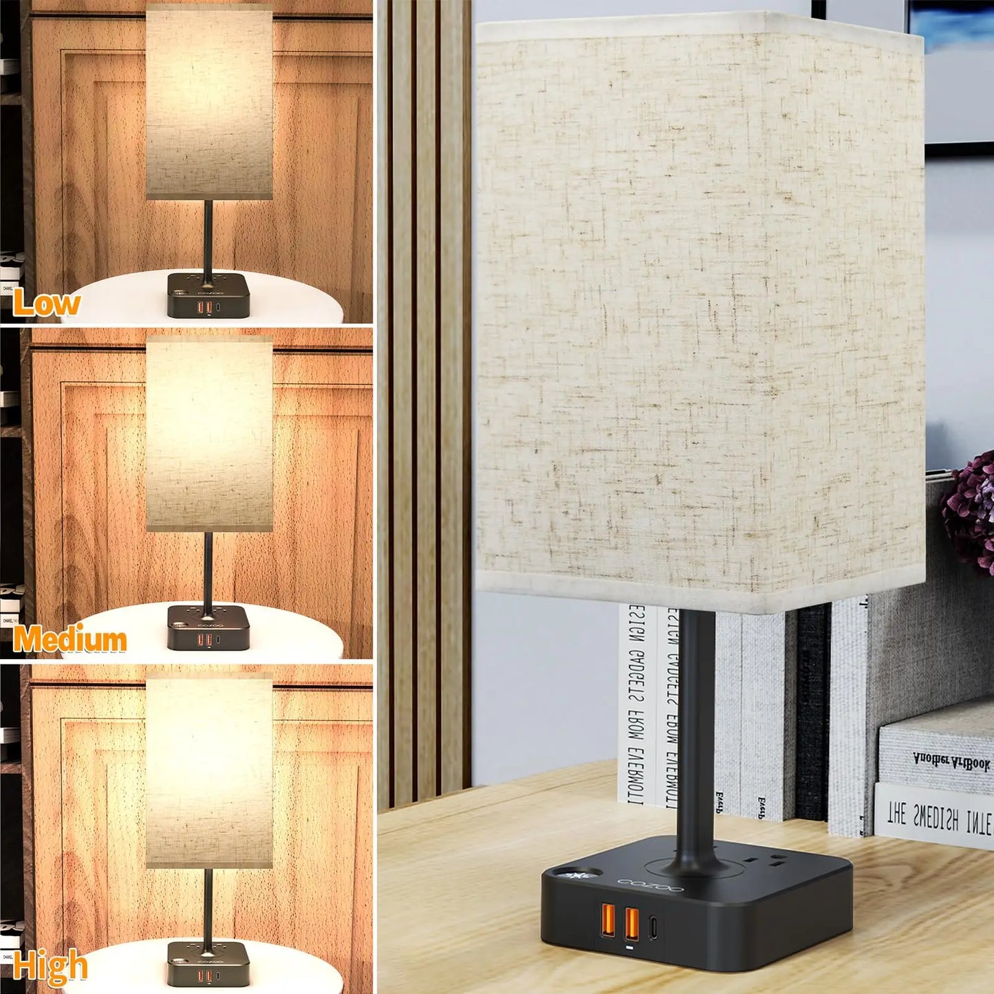 Dimmable LED Table Lamp with 2 USB Ports & 2 Outlets: Black Base Fabric Shade for Home Office & Living Room