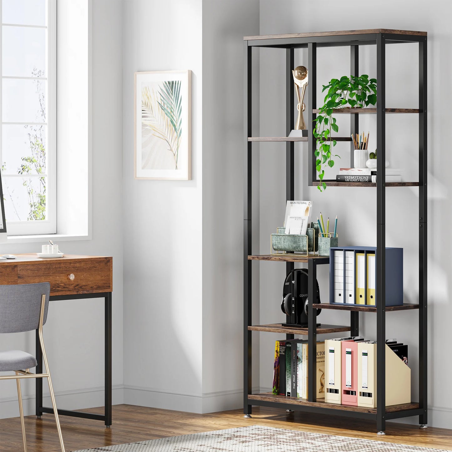 Tribesigns Modern 8-Tier Staggered Bookcase -, Wide Wood Etagere Shelving Unit