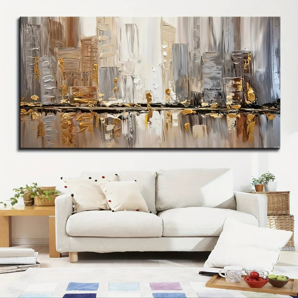 Large modern abstract oil painting, 1.5 inch thick pine frame - elegant Art Deco style - neutral tones with gold accents