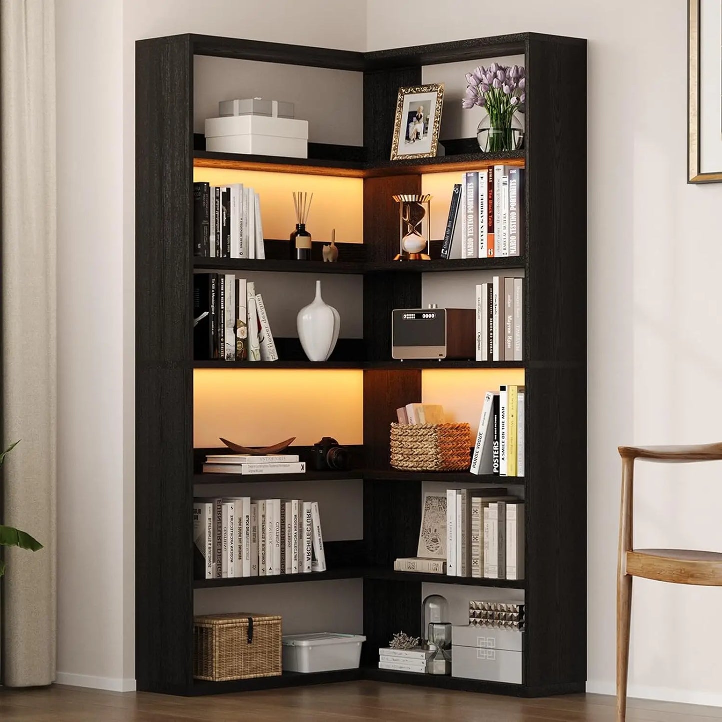 Corner Book Shelf with LED Lights, 71” High Coner Bookshelf with Storage for Living Room, Study Room, Modern, Customized