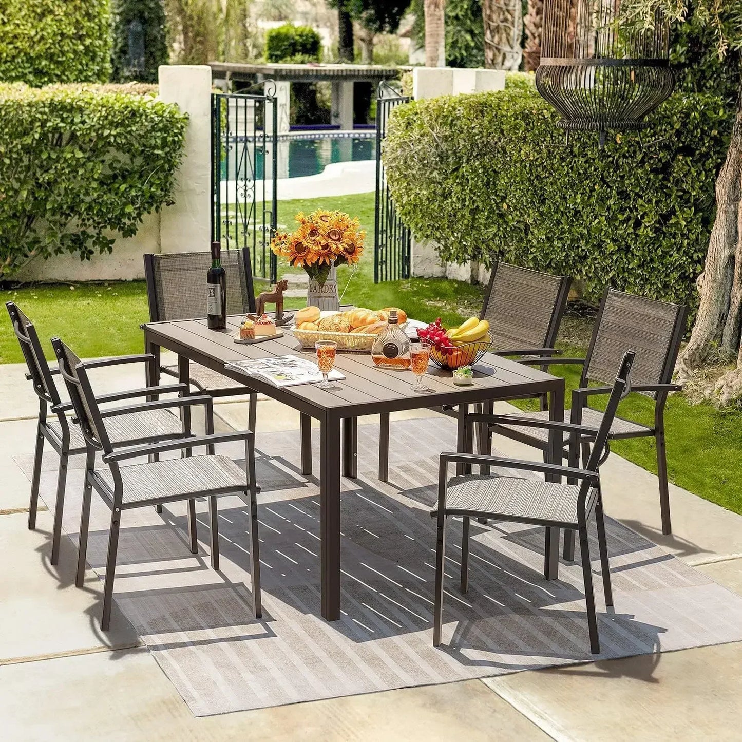 HOT-Patio Dining Set 7 Pieces Outdoor Furniture with Large Table and 6 Textilene Chairs for Porch, Brown